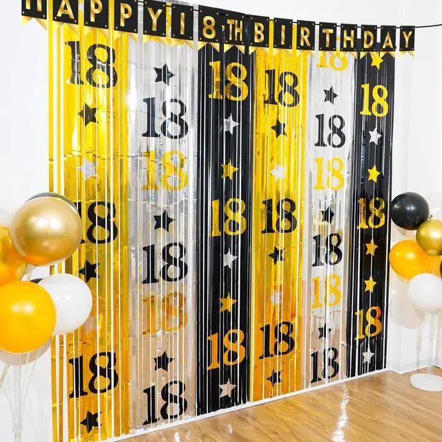 Main image of 18th Birthday Decorations for Boys Girls, 2Pack Rain Curtain | Funny Black Gold Rain Curtain, 3.3X6.6ft Large Coverage, Adult Bday Photo Backdrop