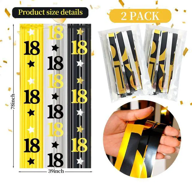 Alt view image 2 of 7 - 18th Birthday Decorations for Boys Girls, 2Pack Rain Curtain | Funny Black Gold Rain Curtain, 3.3X6.6ft Large Coverage, Adult Bday Photo Backdrop