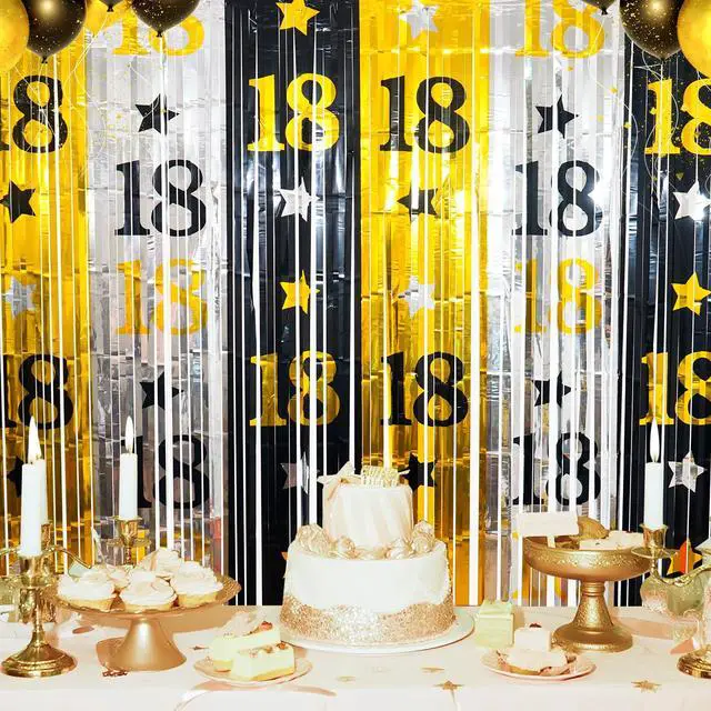 Alt view image 3 of 7 - 18th Birthday Decorations for Boys Girls, 2Pack Rain Curtain | Funny Black Gold Rain Curtain, 3.3X6.6ft Large Coverage, Adult Bday Photo Backdrop
