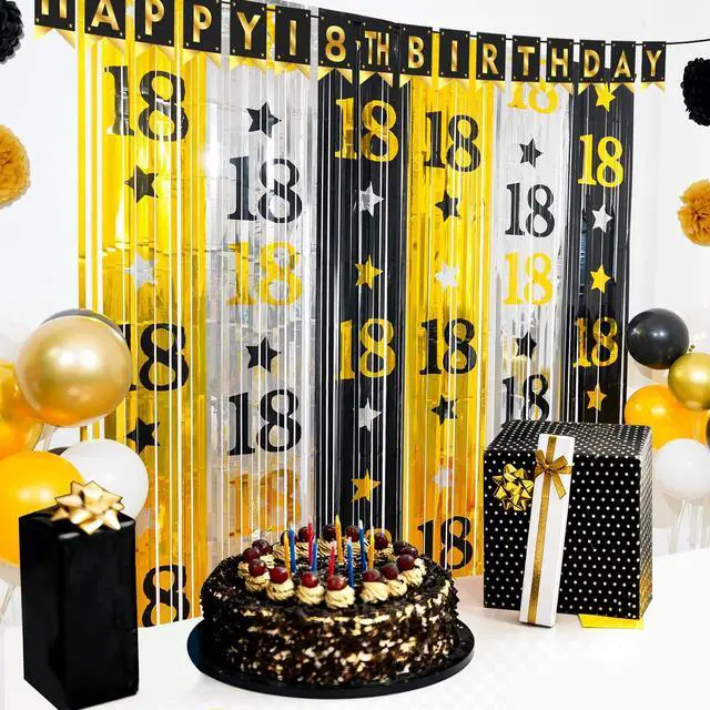 Alt view image 4 of 7 - 18th Birthday Decorations for Boys Girls, 2Pack Rain Curtain | Funny Black Gold Rain Curtain, 3.3X6.6ft Large Coverage, Adult Bday Photo Backdrop
