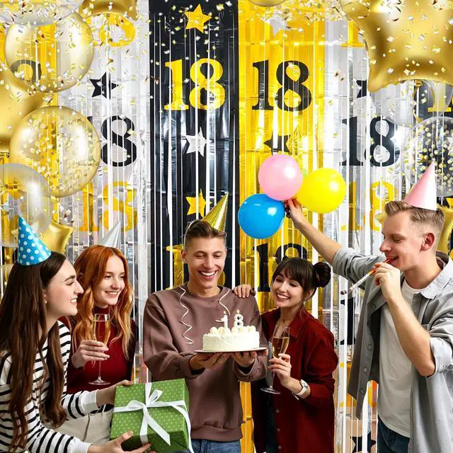 Alt view image 5 of 7 - 18th Birthday Decorations for Boys Girls, 2Pack Rain Curtain | Funny Black Gold Rain Curtain, 3.3X6.6ft Large Coverage, Adult Bday Photo Backdrop