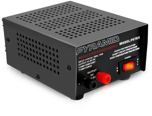 Main image of Universal Compact Bench Power Supply - 5 Amp Linear Regulated Home Lab Benchtop AC-to-DC 12V Converter w/ 13.8 Volt DC 115V AC 70 Watt Power Input, Screw Type Terminals, Cooling Fan - PS7KX