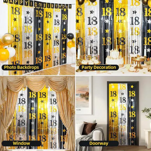 Alt view image 6 of 7 - 18th Birthday Decorations for Boys Girls, 2Pack Rain Curtain | Funny Black Gold Rain Curtain, 3.3X6.6ft Large Coverage, Adult Bday Photo Backdrop