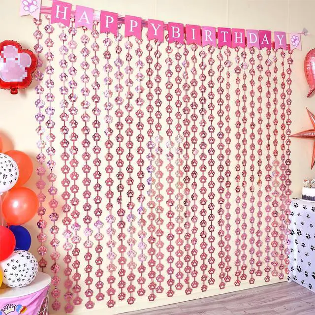 Alt view image 2 of 7 - Pink Dog Birthday Party Supplies, 2 Pack Paw Foil Fringe Curtains | Pink Dog Paw Party Decorations, 3.3 x 6.6ft Puppy Photo Booth Prop Backdrop Streamer, Birthday Party Decor