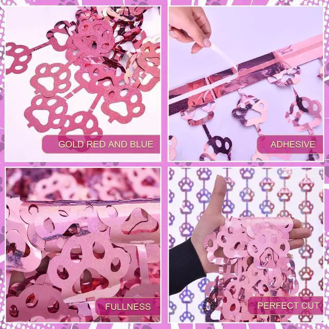 Alt view image 6 of 7 - Pink Dog Birthday Party Supplies, 2 Pack Paw Foil Fringe Curtains | Pink Dog Paw Party Decorations, 3.3 x 6.6ft Puppy Photo Booth Prop Backdrop Streamer, Birthday Party Decor