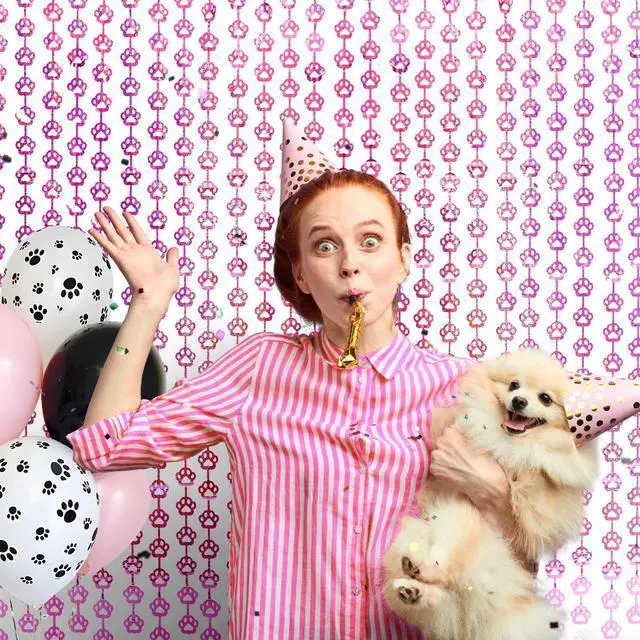 Alt view image 5 of 7 - Pink Dog Birthday Party Supplies, 2 Pack Paw Foil Fringe Curtains | Pink Dog Paw Party Decorations, 3.3 x 6.6ft Puppy Photo Booth Prop Backdrop Streamer, Birthday Party Decor