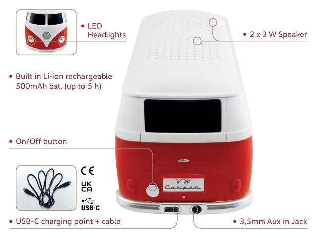 Alt view image 2 of 7 - VW Collection - T1 Bus Camper Portable Bluetooth Speaker, Mini USB | Volkswagen Portable Bluetooth Speaker, Mini USB, LED Headlights, USB Charging Cable, 3.5 mm AUX, 5h Battery Life, Red