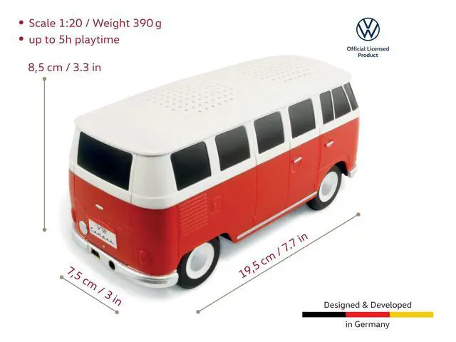 Alt view image 3 of 7 - VW Collection - T1 Bus Camper Portable Bluetooth Speaker, Mini USB | Volkswagen Portable Bluetooth Speaker, Mini USB, LED Headlights, USB Charging Cable, 3.5 mm AUX, 5h Battery Life, Red