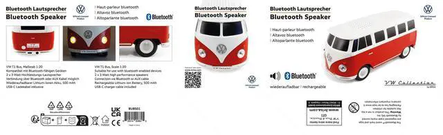 Alt view image 4 of 7 - VW Collection - T1 Bus Camper Portable Bluetooth Speaker, Mini USB | Volkswagen Portable Bluetooth Speaker, Mini USB, LED Headlights, USB Charging Cable, 3.5 mm AUX, 5h Battery Life, Red