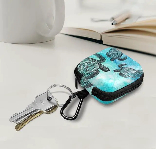 Alt view image 6 of 6 - Portable Wireless Headphone Case, Earphone Storage Bag Carrying Case, Earbud Holder with Black Carabiner Compatible with Airpods - Ocean Sea Turtles