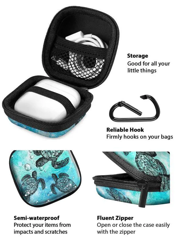 Alt view image 4 of 6 - Portable Wireless Headphone Case, Earphone Storage Bag Carrying Case, Earbud Holder with Black Carabiner Compatible with Airpods - Ocean Sea Turtles