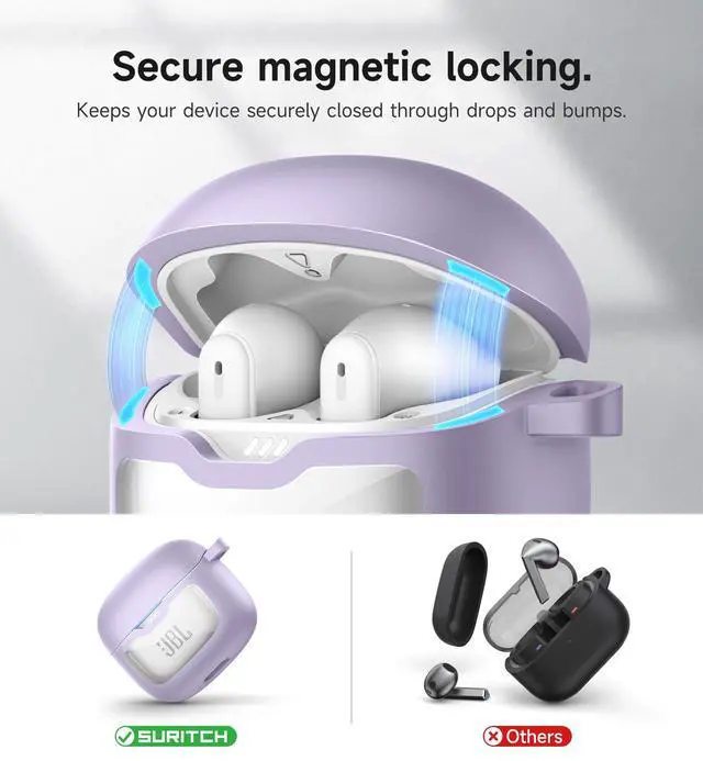 Alt view image 3 of 6 - Magnetic Bumper Case Compatible with JBL Tune Flex Earbuds, Rugged Shockproof Protective Covers for JBL Tune Flex with Magnetic Lid Lock & Carabiner & Cleaning Kit & Removal Tool, Purple