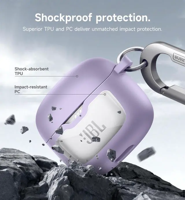 Alt view image 4 of 6 - Magnetic Bumper Case Compatible with JBL Tune Flex Earbuds, Rugged Shockproof Protective Covers for JBL Tune Flex with Magnetic Lid Lock & Carabiner & Cleaning Kit & Removal Tool, Purple