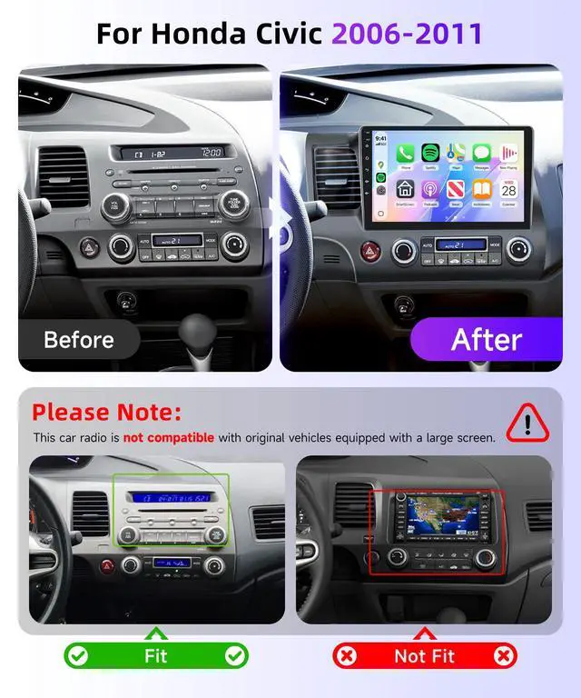 Alt view image 2 of 7 - Car Stereo Radio for Honda Civic 2006-2011 Support Wireless Carplay Android Auto 10.1'' HD 1080P Touchscreen with 5Ghz WiFi GPS Navigation EQ AHD Backup Camera FM/RDS Radio SWC 2G+64G