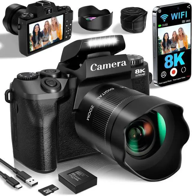 Main image of Cameras for Photography, 64MP Dual Lens Vlogging Camera & 32GB Card (Black) | 8K Digital Camera with 4" Touch Screen, LED Fill Light, 3000MAh Battery, Lens Hood, Hot Shoe & 32GB TF Card