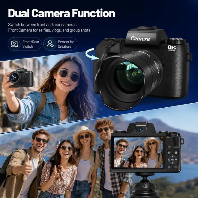 Alt view image 3 of 7 - Cameras for Photography, 64MP Dual Lens Vlogging Camera & 32GB Card (Black) | 8K Digital Camera with 4" Touch Screen, LED Fill Light, 3000MAh Battery, Lens Hood, Hot Shoe & 32GB TF Card