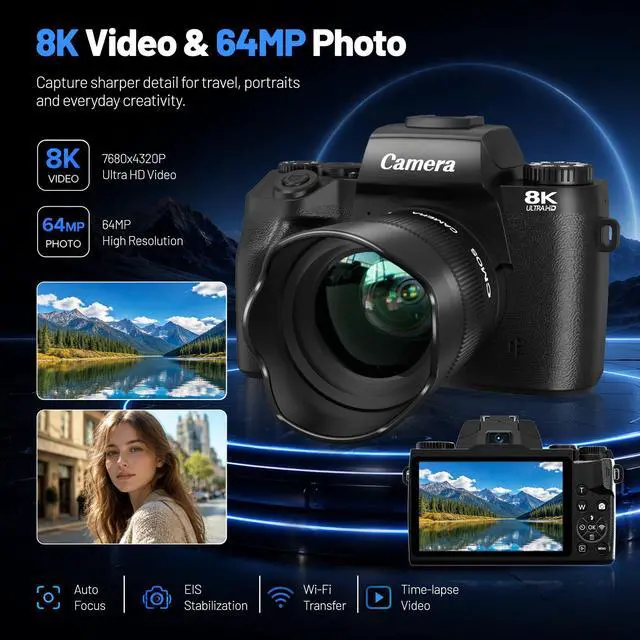 Alt view image 2 of 7 - Cameras for Photography, 64MP Dual Lens Vlogging Camera & 32GB Card (Black) | 8K Digital Camera with 4" Touch Screen, LED Fill Light, 3000MAh Battery, Lens Hood, Hot Shoe & 32GB TF Card