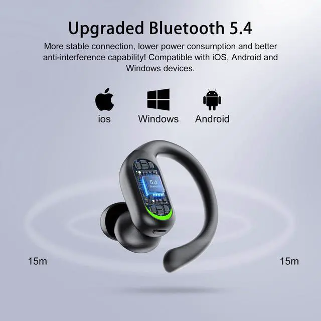 Alt view image 2 of 7 - Wireless Earbuds, Sports Bluetooth 5.4 Headphones, Digital Display, Bass Sound 60Hrs Playtime, Over-Ear Hook with Mic, Fast Charging Digital Display IPX7 Waterproof Earphones for Running/Sports
