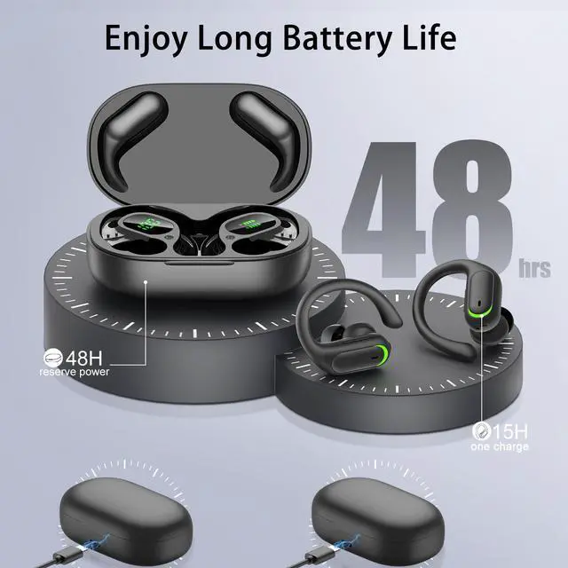 Alt view image 3 of 7 - Wireless Earbuds, Sports Bluetooth 5.4 Headphones, Digital Display, Bass Sound 60Hrs Playtime, Over-Ear Hook with Mic, Fast Charging Digital Display IPX7 Waterproof Earphones for Running/Sports