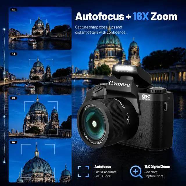 Alt view image 4 of 7 - Cameras for Photography, 64MP Dual Lens Vlogging Camera & 32GB Card (Black) | 8K Digital Camera with 4" Touch Screen, LED Fill Light, 3000MAh Battery, Lens Hood, Hot Shoe & 32GB TF Card