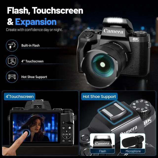 Alt view image 5 of 7 - Cameras for Photography, 64MP Dual Lens Vlogging Camera & 32GB Card (Black) | 8K Digital Camera with 4" Touch Screen, LED Fill Light, 3000MAh Battery, Lens Hood, Hot Shoe & 32GB TF Card