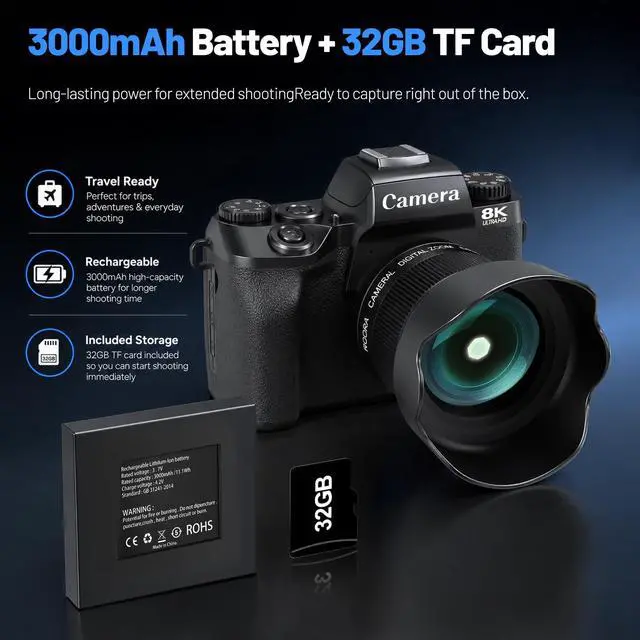Alt view image 6 of 7 - Cameras for Photography, 64MP Dual Lens Vlogging Camera & 32GB Card (Black) | 8K Digital Camera with 4" Touch Screen, LED Fill Light, 3000MAh Battery, Lens Hood, Hot Shoe & 32GB TF Card