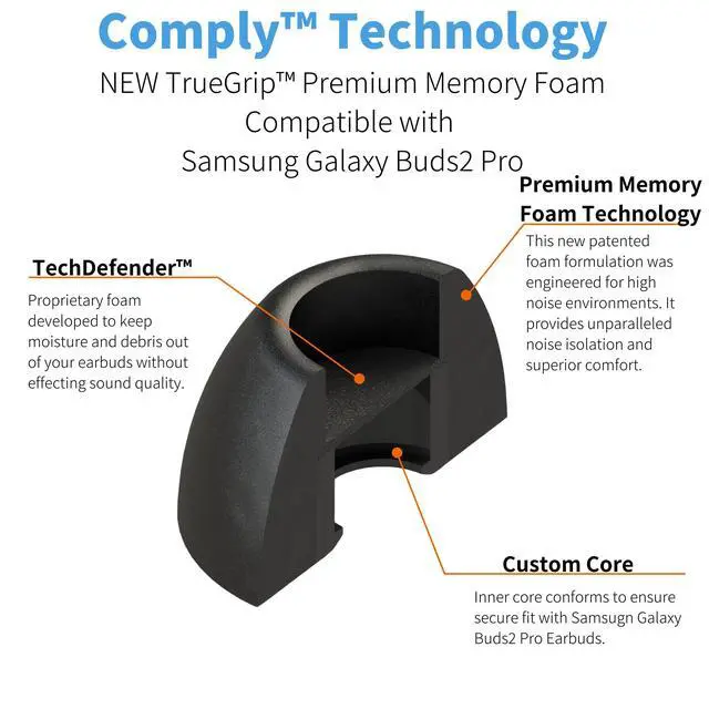 Alt view image 6 of 7 - TrueGrip Premium Memory Foam Replacement Ear Tips, Black (S/M/L) | 3 Pairs, for Samsung Galaxy Buds2 Pro, Enhanced Comfort, Secure Fit, Superior Noise Isolation, Cleaning Tool