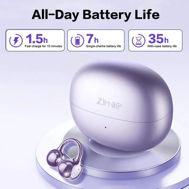 Alt view image 6 of 6 - S26 Wireless Clip on Earbuds, Open Ear Wireless Bluetooth 5.4 Headphones with Mic, IPX5 Waterproof, 35Hr Play time, Light Weight -Purple