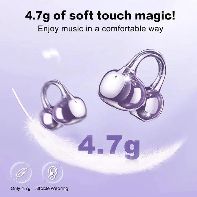 Alt view image 3 of 6 - S26 Wireless Clip on Earbuds, Open Ear Wireless Bluetooth 5.4 Headphones with Mic, IPX5 Waterproof, 35Hr Play time, Light Weight -Purple