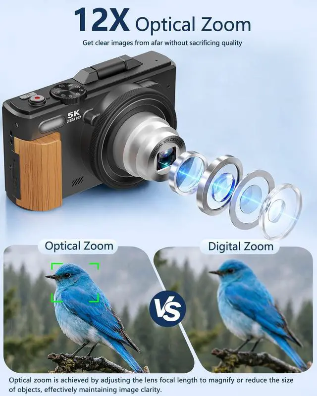 Alt view image 2 of 7 - 5K Digital Camera for Photography with 12X Optical Zoom, WiFi Vlog Camera | 80MP Autofocus Vlogging Camera for YouTube with 3" Flip Screen, Compact Travel Cameras, 2 Batteries & Charger, Black