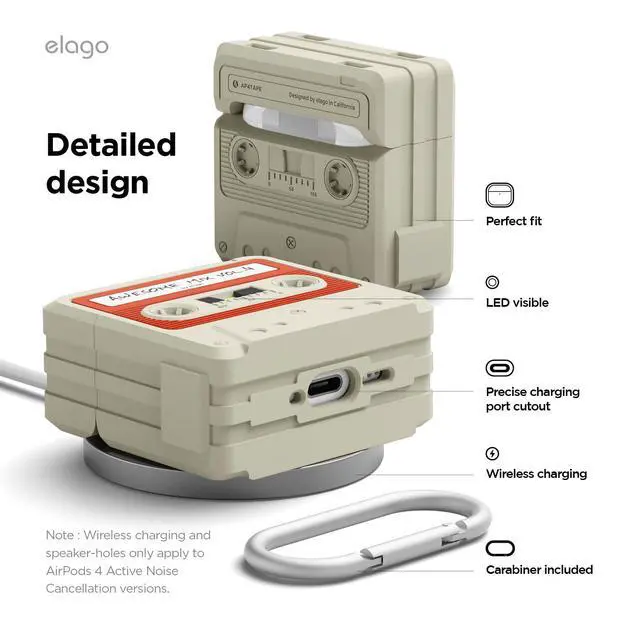 Alt view image 6 of 7 - Cassette Tape Case for AirPods 4 | Carabiner Included, Supports Wireless Charging, Shock Resistant, Full Protection, Headphone Accessories (Classic White)