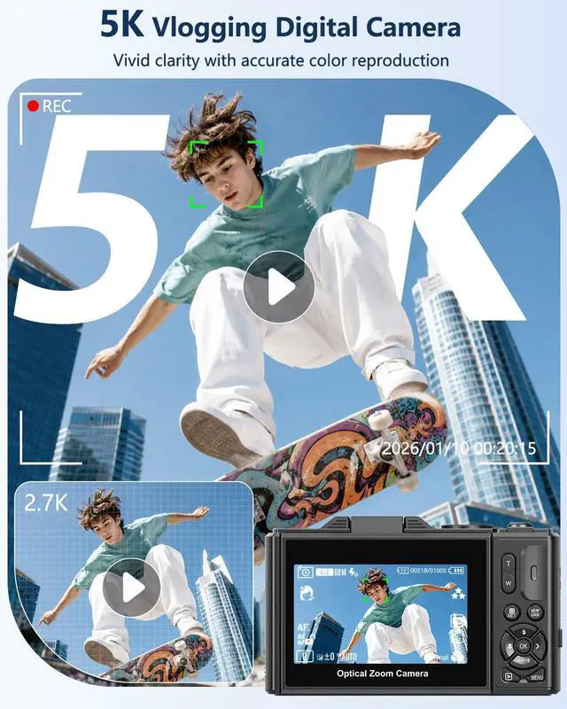 Alt view image 3 of 7 - 5K Digital Camera for Photography with 12X Optical Zoom, WiFi Vlog Camera | 80MP Autofocus Vlogging Camera for YouTube with 3" Flip Screen, Compact Travel Cameras, 2 Batteries & Charger, Black