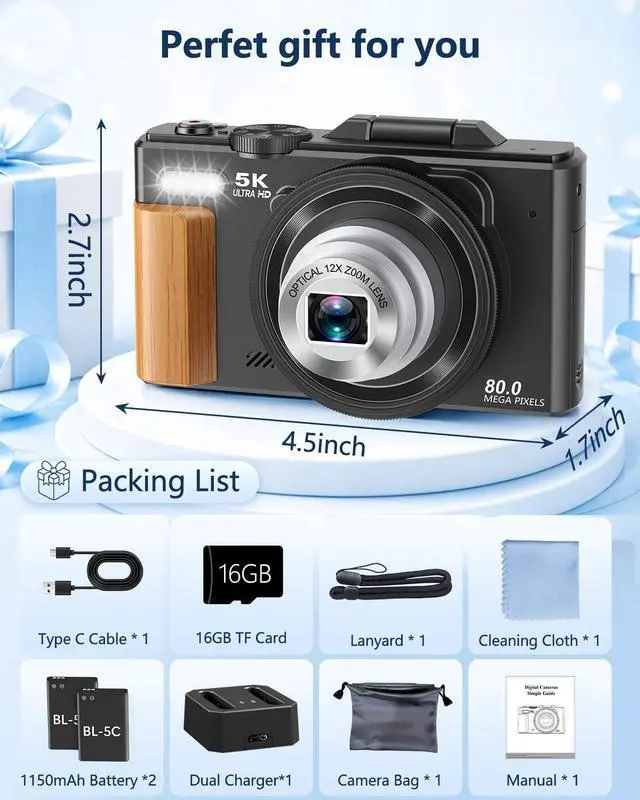 Alt view image 7 of 7 - 5K Digital Camera for Photography with 12X Optical Zoom, WiFi Vlog Camera | 80MP Autofocus Vlogging Camera for YouTube with 3" Flip Screen, Compact Travel Cameras, 2 Batteries & Charger, Black