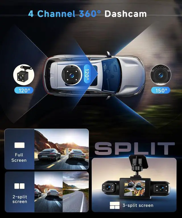 Alt view image 2 of 7 - 4 Channel 360 Dash Cam Front and Rear Inside Left Right, Dash Camera for Cars, Built-in Night Vision, Sensitive Motion Detection 24/7 Recording Parking Mode Monitor Reversing Help