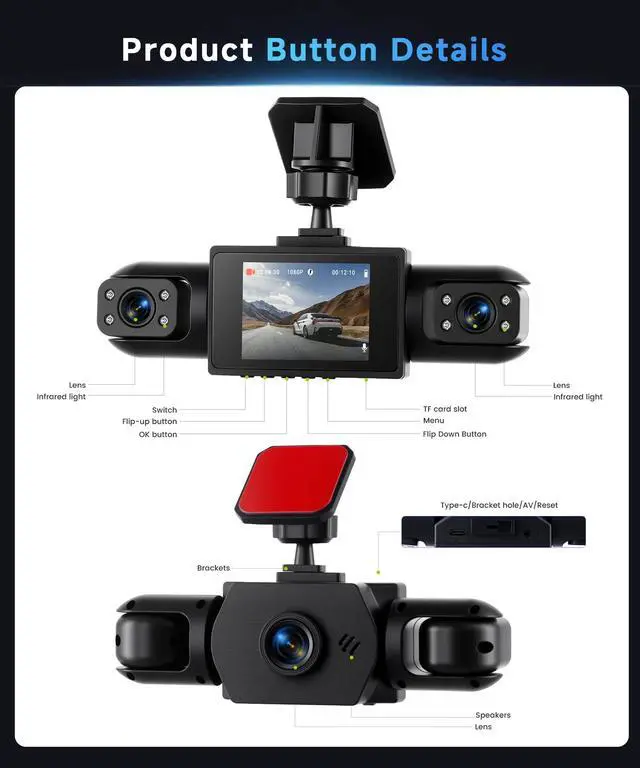 Alt view image 5 of 7 - 4 Channel 360 Dash Cam Front and Rear Inside Left Right, Dash Camera for Cars, Built-in Night Vision, Sensitive Motion Detection 24/7 Recording Parking Mode Monitor Reversing Help