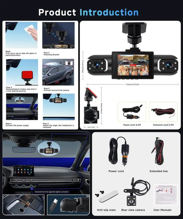 Alt view image 6 of 7 - 4 Channel 360 Dash Cam Front and Rear Inside Left Right, Dash Camera for Cars, Built-in Night Vision, Sensitive Motion Detection 24/7 Recording Parking Mode Monitor Reversing Help