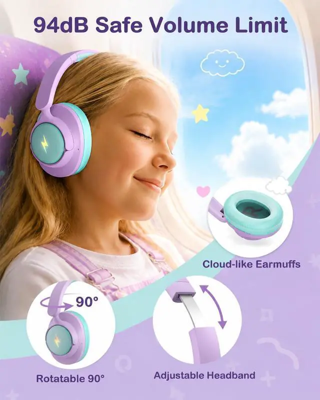 Alt view image 7 of 7 - Active Noise Cancelling Wireless Kids Headphones, Kids Bluetooth 6.0 Headphones, Safe Volume 94dBA Headphones for Kids, 100H Playtime, Type C Fast Charging, LED for iPad, School, Travel