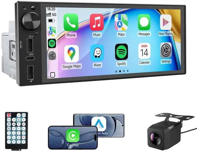 Main image of Single Din Car Stereo, 6 Inch Touchscreen Radio with CarPlay & Android Auto | Bluetooth, Mirror Link, Backup Camera, USB&Type-C, FM, SWC, EQ, Full Lamination Screen, Volume Knob