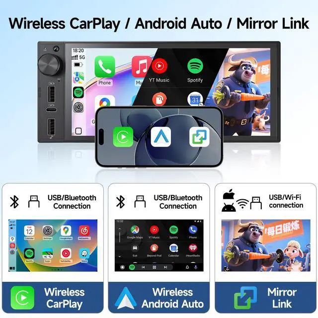 Alt view image 2 of 7 - Single Din Car Stereo, 6 Inch Touchscreen Radio with CarPlay & Android Auto | Bluetooth, Mirror Link, Backup Camera, USB&Type-C, FM, SWC, EQ, Full Lamination Screen, Volume Knob