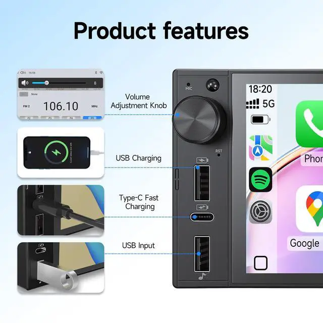 Alt view image 3 of 7 - Single Din Car Stereo, 6 Inch Touchscreen Radio with CarPlay & Android Auto | Bluetooth, Mirror Link, Backup Camera, USB&Type-C, FM, SWC, EQ, Full Lamination Screen, Volume Knob