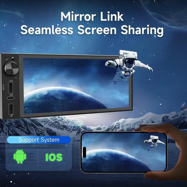 Alt view image 6 of 7 - Single Din Car Stereo, 6 Inch Touchscreen Radio with CarPlay & Android Auto | Bluetooth, Mirror Link, Backup Camera, USB&Type-C, FM, SWC, EQ, Full Lamination Screen, Volume Knob