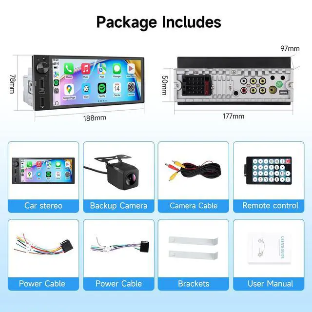 Alt view image 7 of 7 - Single Din Car Stereo, 6 Inch Touchscreen Radio with CarPlay & Android Auto | Bluetooth, Mirror Link, Backup Camera, USB&Type-C, FM, SWC, EQ, Full Lamination Screen, Volume Knob