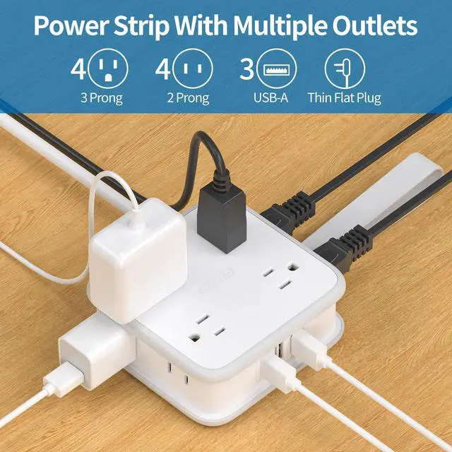 Alt view image 2 of 6 - Flat Plug Power Strip, 5ft Extension Cord with Multiple Outlets, 3 Side Outlet Extender with 8 Widely Outlets and 3 USB Ports, Wall Mount, Overload Protection, Idea for Home, Dorm, Travel