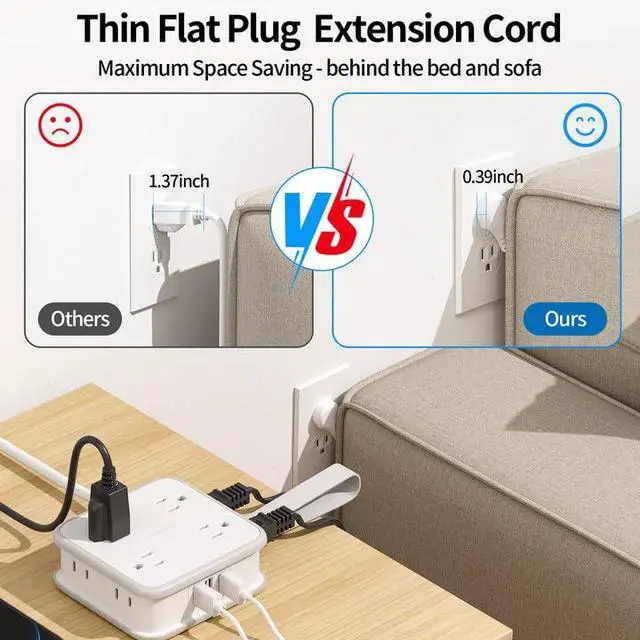 Alt view image 4 of 6 - Flat Plug Power Strip, 5ft Extension Cord with Multiple Outlets, 3 Side Outlet Extender with 8 Widely Outlets and 3 USB Ports, Wall Mount, Overload Protection, Idea for Home, Dorm, Travel