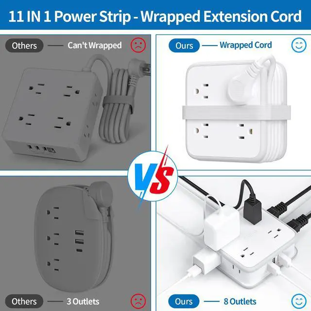 Alt view image 3 of 6 - Flat Plug Power Strip, 5ft Extension Cord with Multiple Outlets, 3 Side Outlet Extender with 8 Widely Outlets and 3 USB Ports, Wall Mount, Overload Protection, Idea for Home, Dorm, Travel