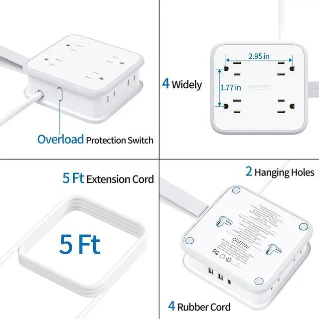 Alt view image 5 of 6 - Flat Plug Power Strip, 5ft Extension Cord with Multiple Outlets, 3 Side Outlet Extender with 8 Widely Outlets and 3 USB Ports, Wall Mount, Overload Protection, Idea for Home, Dorm, Travel