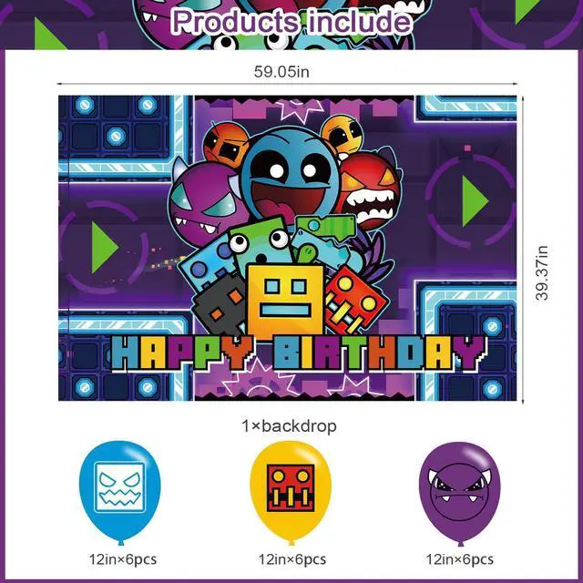 Alt view image 2 of 5 - Geometry Aesthetic Dash Birthday Party Backdrop,Geometry Aesthetic Dash Party Decoration,Cartoon Game Birthday Banner Shoot Photo Backgrounds Props for Boys and Girls Party 5x3ft