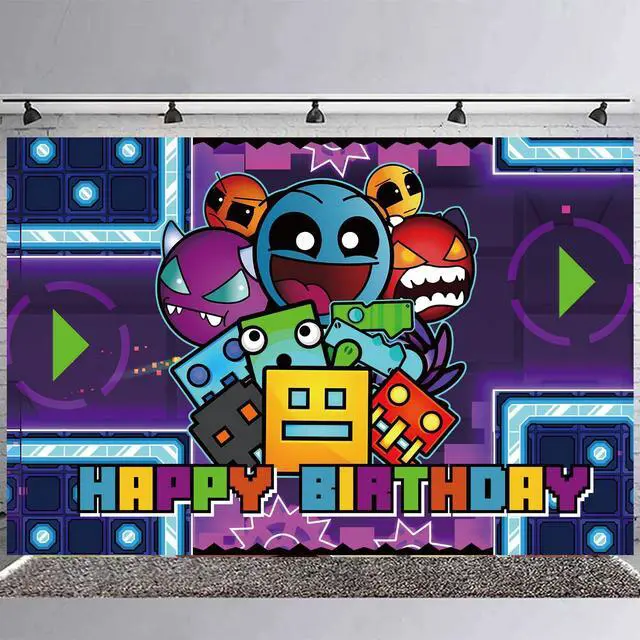 Alt view image 3 of 5 - Geometry Aesthetic Dash Birthday Party Backdrop,Geometry Aesthetic Dash Party Decoration,Cartoon Game Birthday Banner Shoot Photo Backgrounds Props for Boys and Girls Party 5x3ft