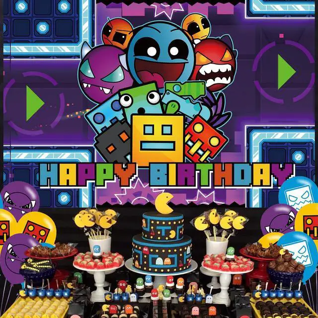 Alt view image 4 of 5 - Geometry Aesthetic Dash Birthday Party Backdrop,Geometry Aesthetic Dash Party Decoration,Cartoon Game Birthday Banner Shoot Photo Backgrounds Props for Boys and Girls Party 5x3ft