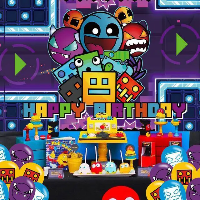 Alt view image 5 of 5 - Geometry Aesthetic Dash Birthday Party Backdrop,Geometry Aesthetic Dash Party Decoration,Cartoon Game Birthday Banner Shoot Photo Backgrounds Props for Boys and Girls Party 5x3ft
